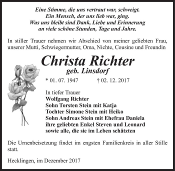 Traueranzeige von Christa Richter (geb. Linsdorf)  von Magdeburger Volksstimme