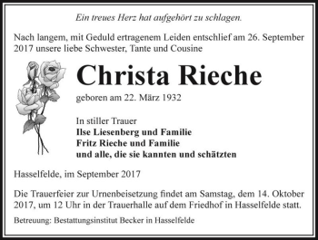 Traueranzeige von Christa Rieche  von Magdeburger Volksstimme