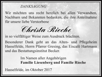 Traueranzeige von Christa Rieche  von Magdeburger Volksstimme