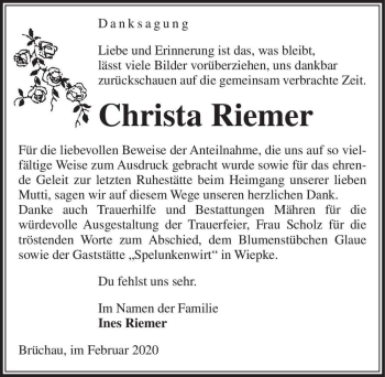 Traueranzeige von Christa Riemer  von Magdeburger Volksstimme