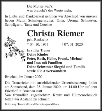 Traueranzeige von Christa Riemer (geb. Rackwitz)  von Magdeburger Volksstimme