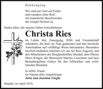 Traueranzeige von Christa Ries  von Magdeburger Volksstimme
