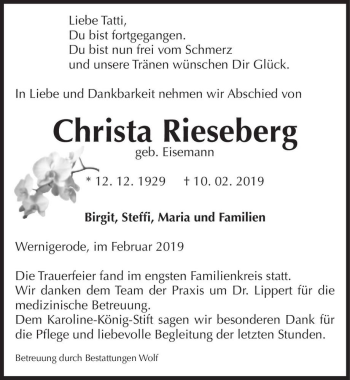 Traueranzeige von Christa Rieseberg (geb. Eisemann)  von Magdeburger Volksstimme