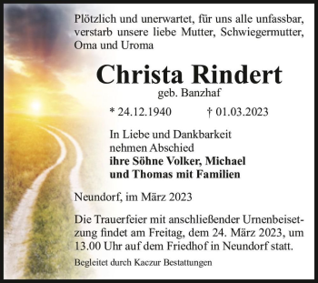 Traueranzeige von Christa Rindert (geb. Banzhaf)  von Magdeburger Volksstimme