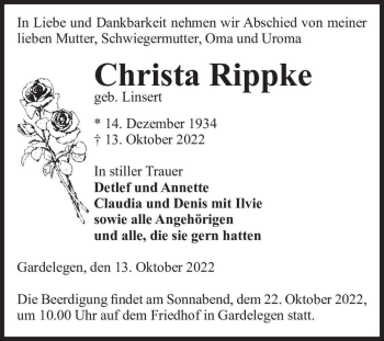 Traueranzeige von Christa Rippke (geb. Linsert)  von Magdeburger Volksstimme