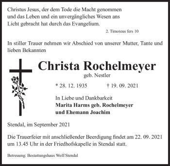 Traueranzeige von Christa Rochelmeyer (geb. Nestler)  von Magdeburger Volksstimme