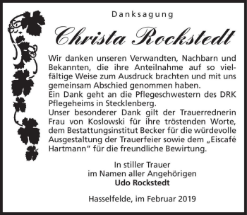 Traueranzeige von Christa Rockstedt  von Magdeburger Volksstimme