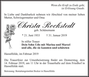 Traueranzeige von Christa Rockstedt (geb. Schünemann)  von Magdeburger Volksstimme