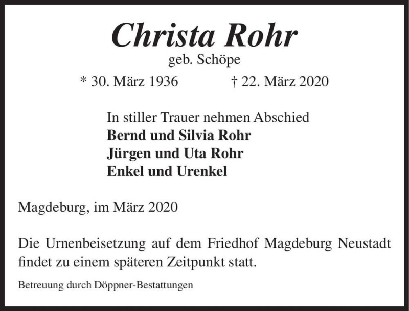  Traueranzeige für Christa Rohr (geb. Schöpe)  vom 28.03.2020 aus Magdeburger Volksstimme