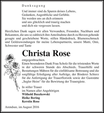 Traueranzeige von Christa Rose  von Magdeburger Volksstimme