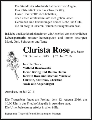 Traueranzeige von Christa Rose (geb. Sasse)  von Magdeburger Volksstimme