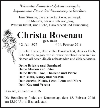 Traueranzeige von Christa Rosenau (geb. Bade)  von Magdeburger Volksstimme