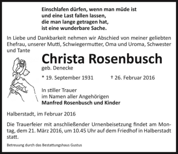 Traueranzeige von Christa Rosenbusch (geb. Denecke)  von Magdeburger Volksstimme
