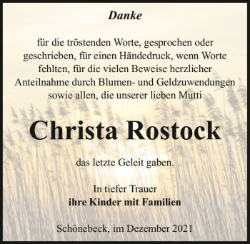 Traueranzeige von Christa Rostock  von Magdeburger Volksstimme
