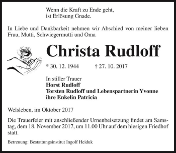 Traueranzeige von Christa Rudloff  von Magdeburger Volksstimme