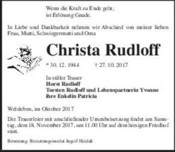 Traueranzeige von Christa Rudloff  von Magdeburger Volksstimme