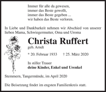 Traueranzeige von Christa Ruffert (geb. Arndt)  von Magdeburger Volksstimme