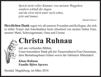 Traueranzeige von Christa Ruhnau  von Magdeburger Volksstimme