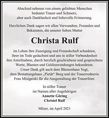 Traueranzeige von Christa Rulf  von Magdeburger Volksstimme