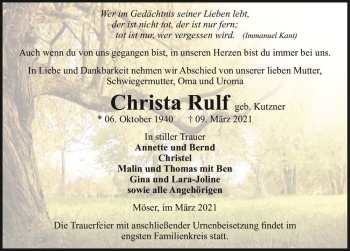 Traueranzeige von Christa Rulf (geb. Kutzner)  von Magdeburger Volksstimme