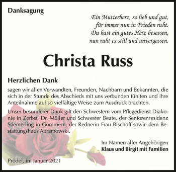 Traueranzeige von Christa Russ  von Magdeburger Volksstimme