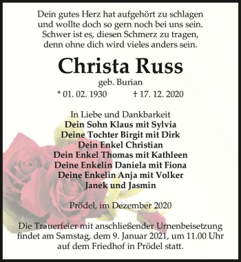 Traueranzeige von Christa Russ (geb. Burian)  von Magdeburger Volksstimme