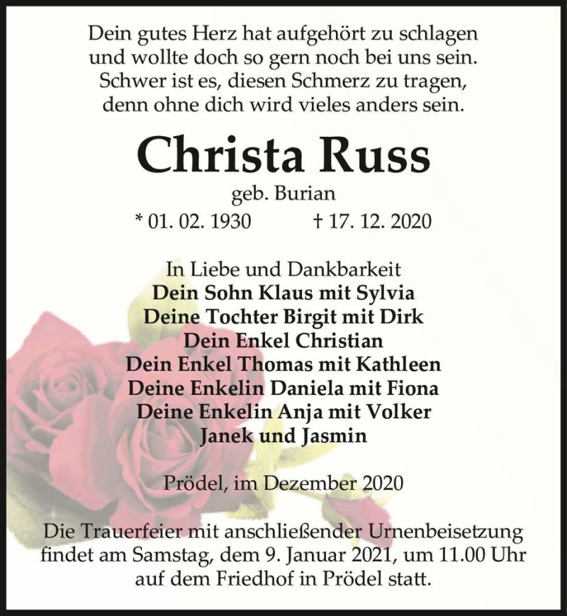  Traueranzeige für Christa Russ (geb. Burian)  vom 21.12.2020 aus Magdeburger Volksstimme
