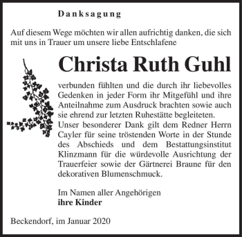 Traueranzeige von Christa Ruth Guhl  von Magdeburger Volksstimme