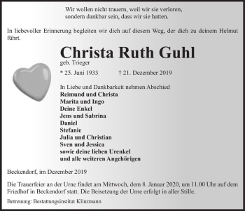 Traueranzeige von Christa Ruth Guhl (geb. Trieger)  von Magdeburger Volksstimme