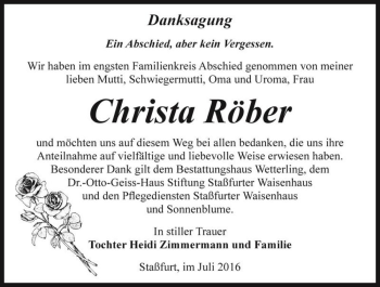 Traueranzeige von Christa Röber  von Magdeburger Volksstimme
