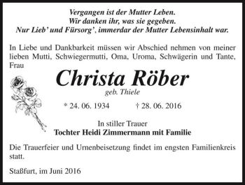 Traueranzeige von Christa Röber (geb. Thiele)  von Magdeburger Volksstimme