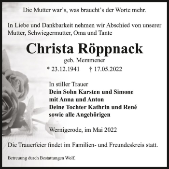 Traueranzeige von Christa Röppnack (geb. Memmener)  von Magdeburger Volksstimme