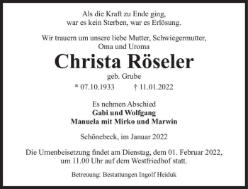 Traueranzeige von Christa Röseler (geb. Grube)  von Magdeburger Volksstimme