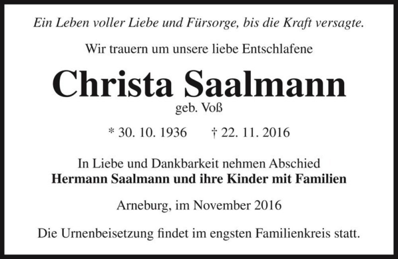  Traueranzeige für Christa Saalmann (geb. Voß)  vom 01.12.2016 aus Magdeburger Volksstimme