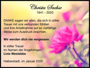 Traueranzeige von Christa Sachse  von Magdeburger Volksstimme