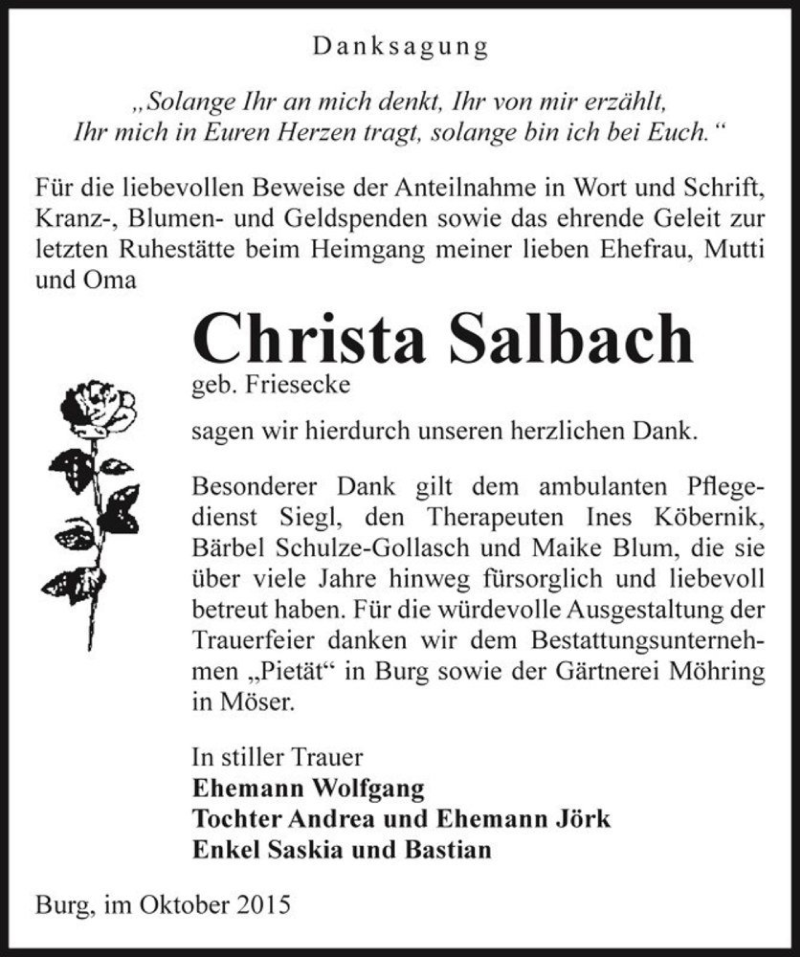  Traueranzeige für Christa Salbach geb. Friesecke  vom 30.10.2015 aus Magdeburger Volksstimme