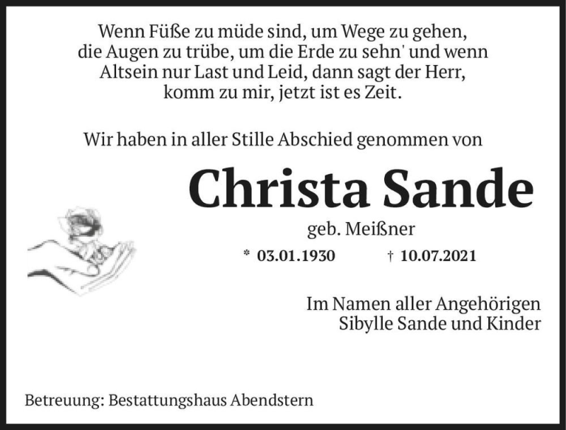  Traueranzeige für Christa Sande (geb. Meißner)  vom 31.07.2021 aus Magdeburger Volksstimme