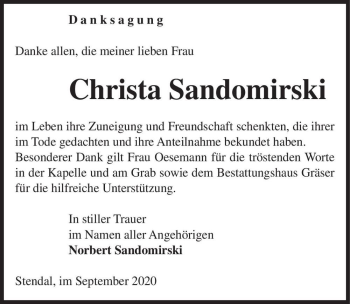 Traueranzeige von Christa Sandomirski  von Magdeburger Volksstimme