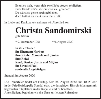 Traueranzeige von Christa Sandomirski (geb. Strom)  von Magdeburger Volksstimme