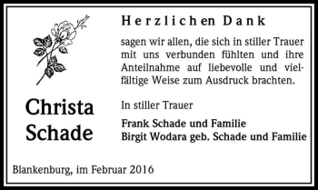Traueranzeige von Christa Schade  von Magdeburger Volksstimme
