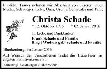 Traueranzeige von Christa Schade  von Magdeburger Volksstimme