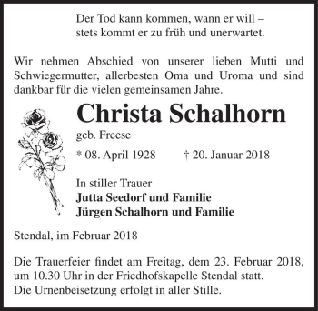 Traueranzeige von Christa Schalhorn (geb. Freese)  von Magdeburger Volksstimme