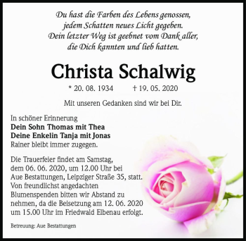 Traueranzeige von Christa Schalwig  von Magdeburger Volksstimme