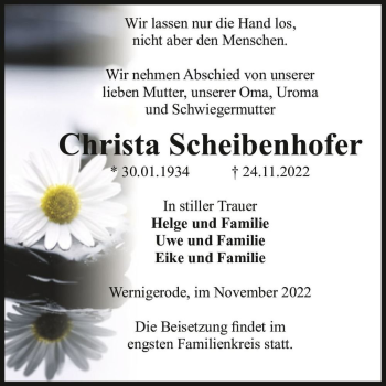 Traueranzeige von Christa Scheibenhofer  von Magdeburger Volksstimme
