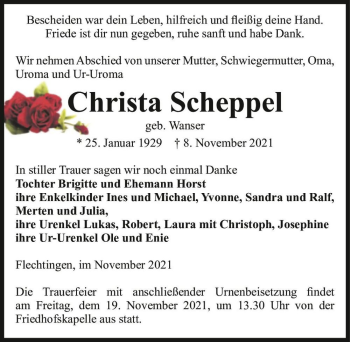 Traueranzeige von Christa Scheppel (geb. Wanser)  von Magdeburger Volksstimme