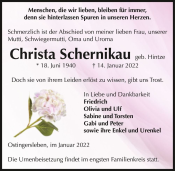 Traueranzeige von Christa Schernikau (geb. Hintze)  von Magdeburger Volksstimme