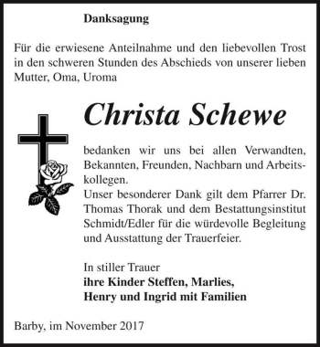 Traueranzeige von Christa Schewe  von Magdeburger Volksstimme