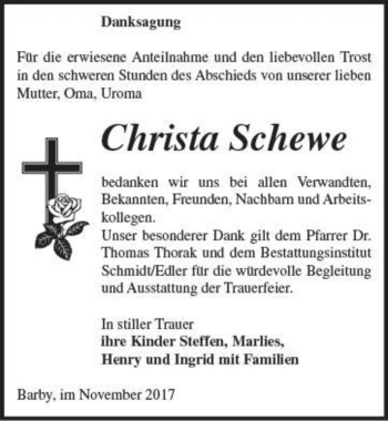 Traueranzeige von Christa Schewe  von Magdeburger Volksstimme