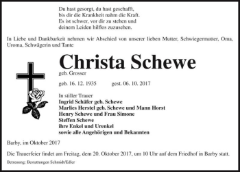 Traueranzeige von Christa Schewe (geb. Grosser)  von Magdeburger Volksstimme