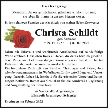 Traueranzeige von Christa Schildt (geb. Schrader)  von Magdeburger Volksstimme